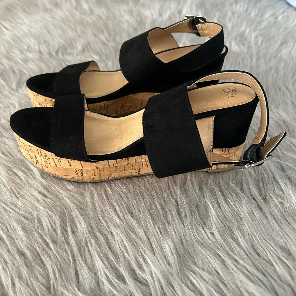 Time And Tru Wedge Sandals Womens Size 9 Black Heeled Sandals Open Toe Shoes
